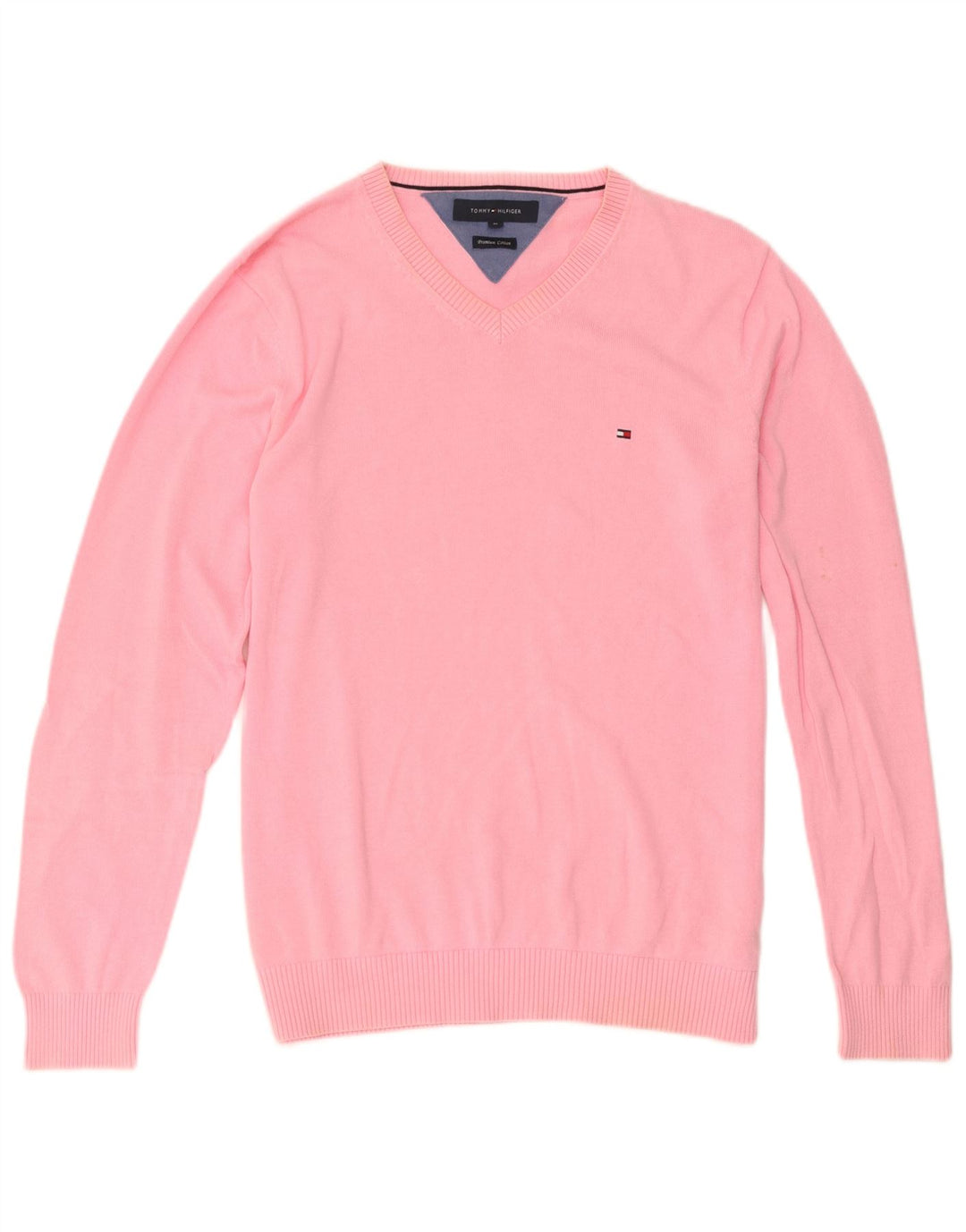 Męski sweter Tommy Hilfiger z dekoltem w kształcie litery V, średnioróżowy, bawełniany