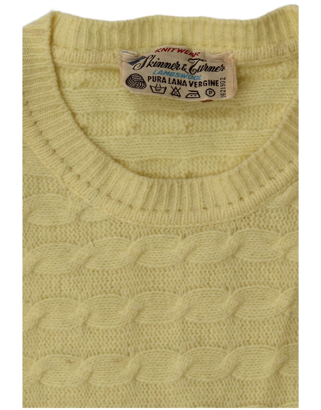 Damski sweter z okrągłym dekoltem w stylu VINTAGE UK 14 Średni żółty z dziewiczej wełny