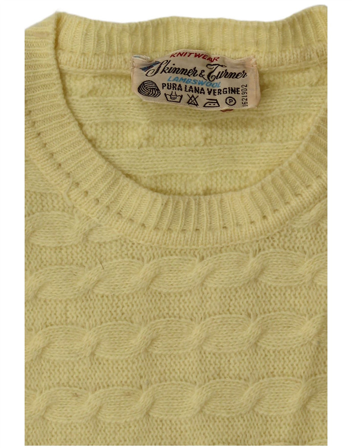 Damski sweter z okrągłym dekoltem w stylu VINTAGE UK 14 Średni żółty z dziewiczej wełny