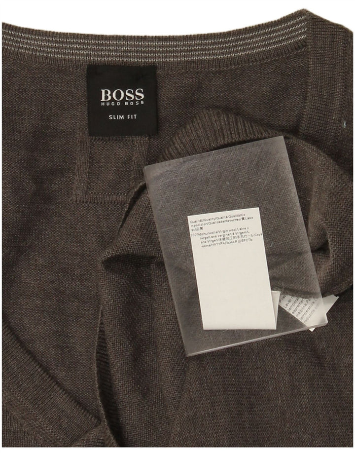 Męski sweter HUGO BOSS Slim Fit z dekoltem w kształcie litery V, 3XL, szara wełna