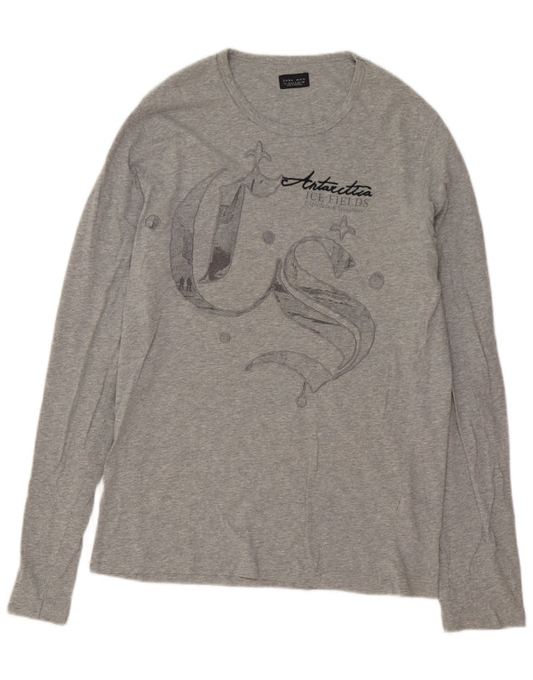 Zara Mens Graphic Top Long Sleeve Medium Grey Cotton