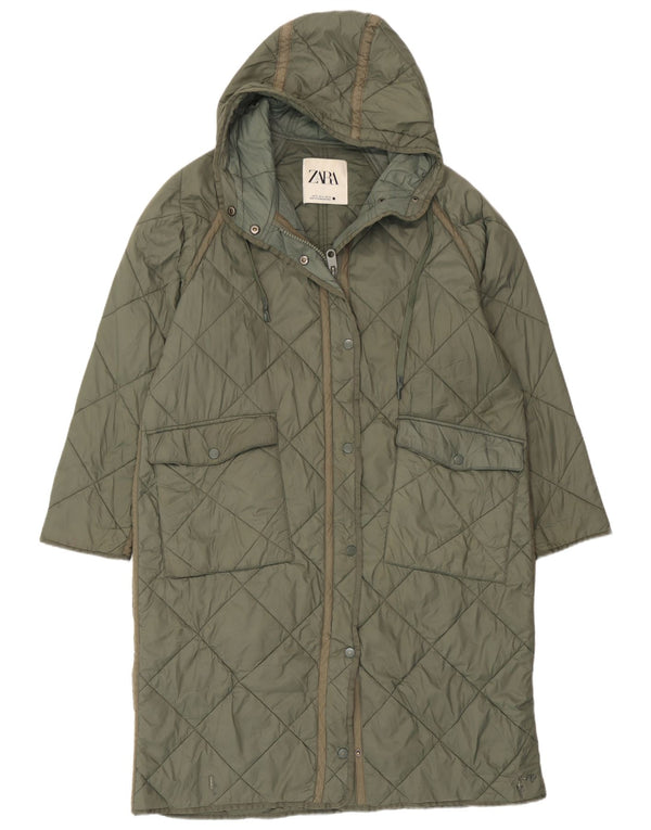 Zara Womens Oversized Hooded Quilted Overcoat UK 14 Medium Green