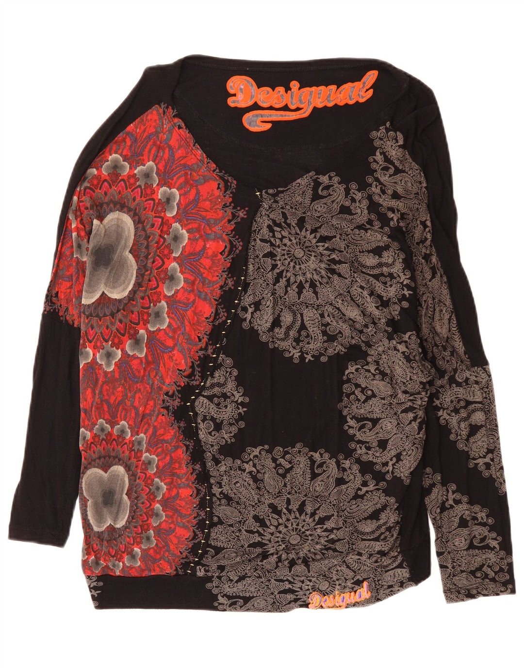 Desigual damski top oversize z grafiką z długim rękawem UK 16, duży, czarny w kwiaty