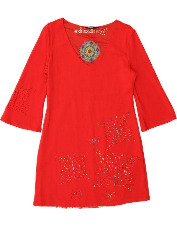 DESIGUAL Womens 3/4 Sleeve A-Line Dress UK 18 XL Red Cotton Butterfly