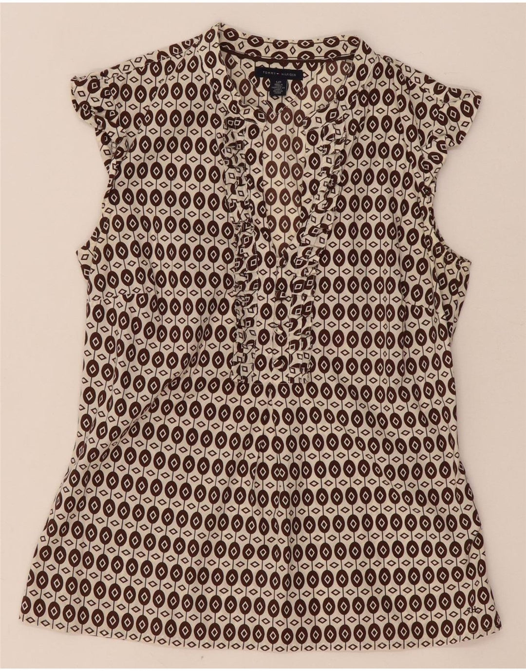 Damska bluzka z falbanką Tommy Hilfiger z przodu UK 10 Small Brown Geometric