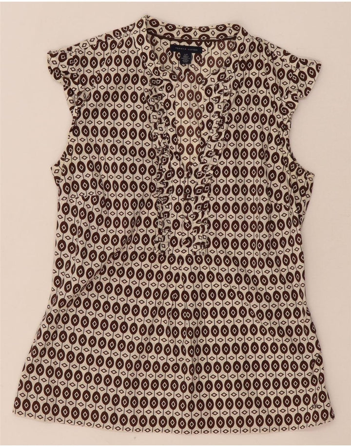 Damska bluzka z falbanką Tommy Hilfiger z przodu UK 10 Small Brown Geometric
