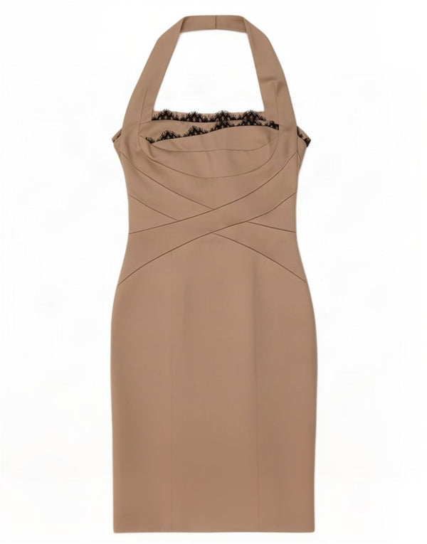 Karen Millen Damska sukienka wiązana na szyi UK 10 Mały beżowy kwiatowy octan