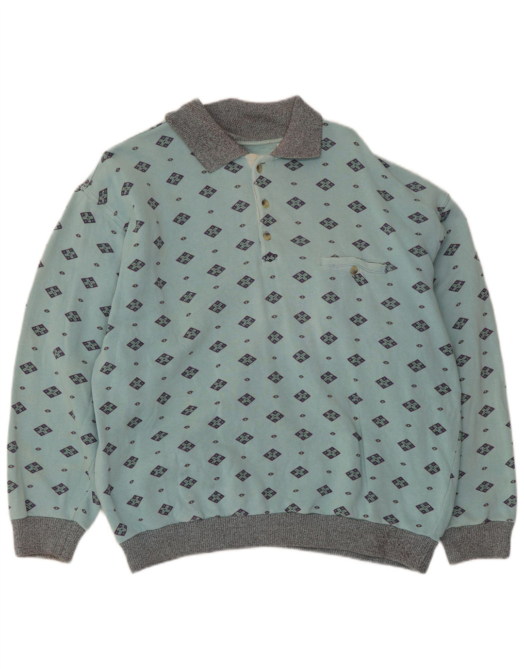 Męska bluza polo w stylu vintage, sweter, średnia niebieska, geometryczna bawełna