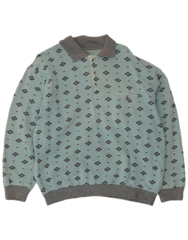 Męska bluza polo w stylu vintage, sweter, średnia niebieska, geometryczna bawełna