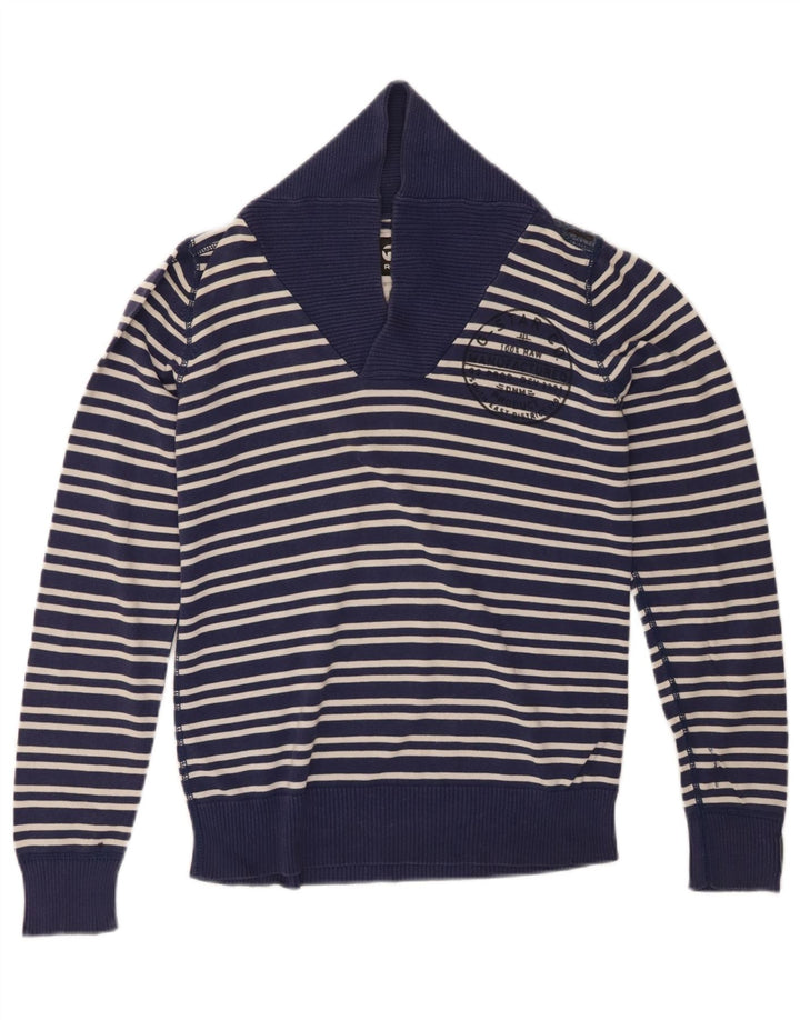 G-STAR Mens Shawl Neck Jumper Sweater Medium Navy Blue Striped Cotton