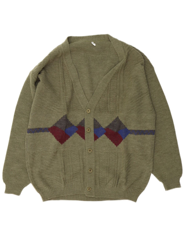 Męski sweter rozpinany VINTAGE, duży, zielony, wykonany z tkaniny argyle/diamentowy akryl