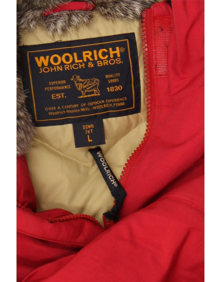 Damska ocieplana kurtka z kapturem Woolrich UK 16, duża, czerwona bawełna