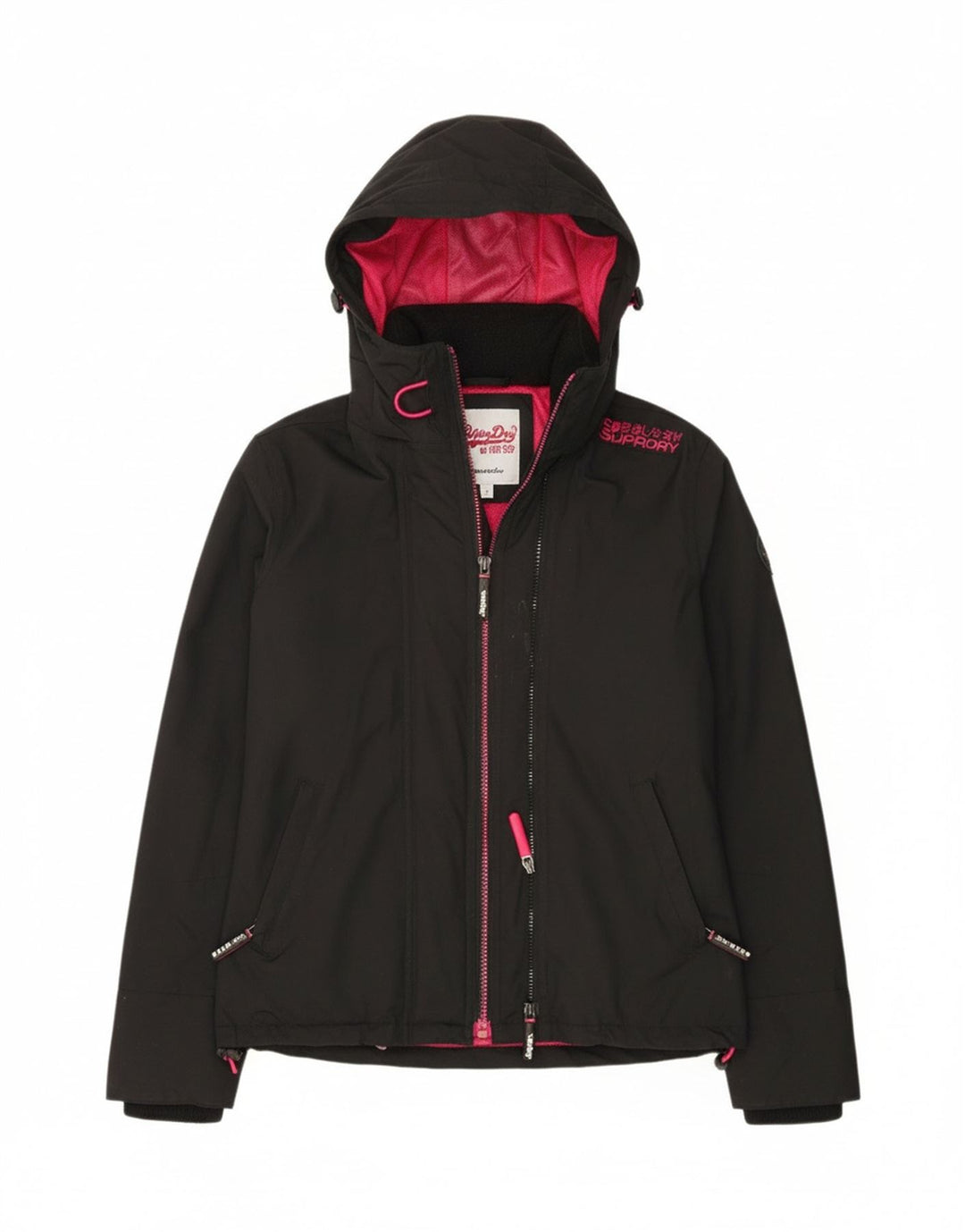 Damska kurtka przeciwdeszczowa z kapturem i wiatrówką Superdry UK 10, mała, czarna nylonowa