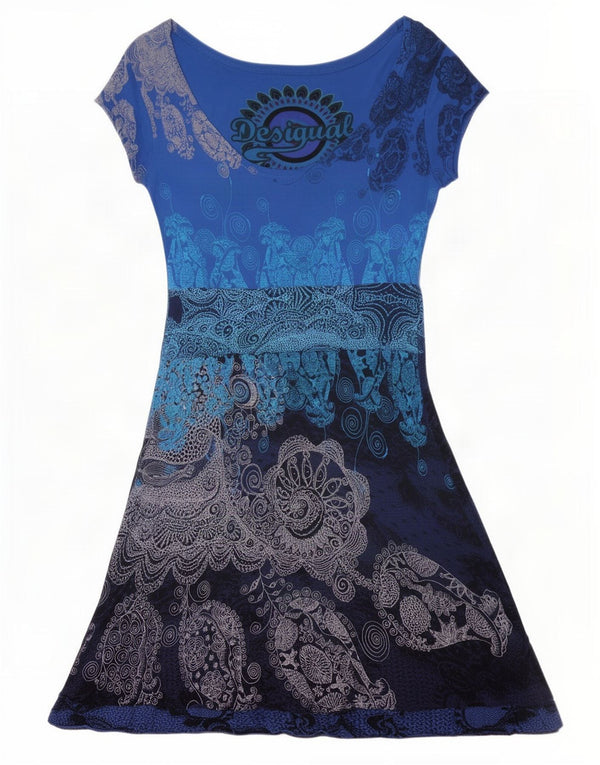 Damska graficzna sukienka o linii A Desigual UK 10 Small Blue Paisley z wiskozy