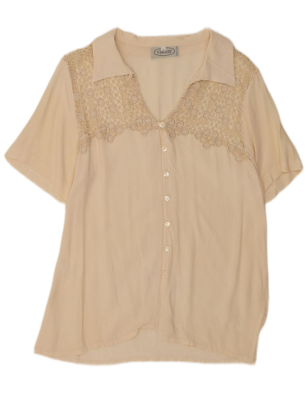 Bluzka damska z krótkim rękawem w stylu vintage, UK 20 2XL, beżowy jedwab