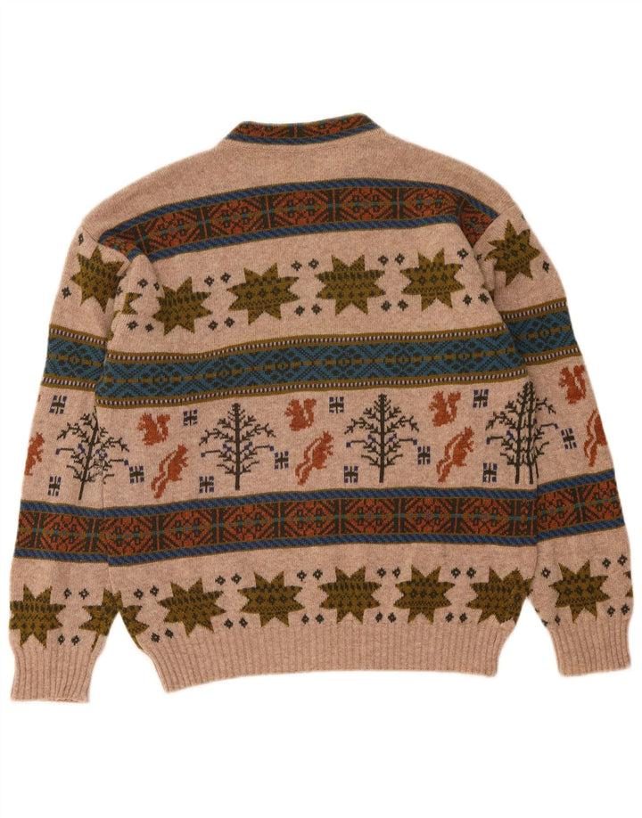 Męski sweter z okrągłym dekoltem Benetton, średni beż, wełna Fair Isle