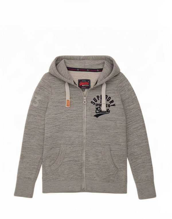 Damski sweter z kapturem Superdry z grafiką i zamkiem błyskawicznym UK 14, średnioszary, bawełniany w plamki