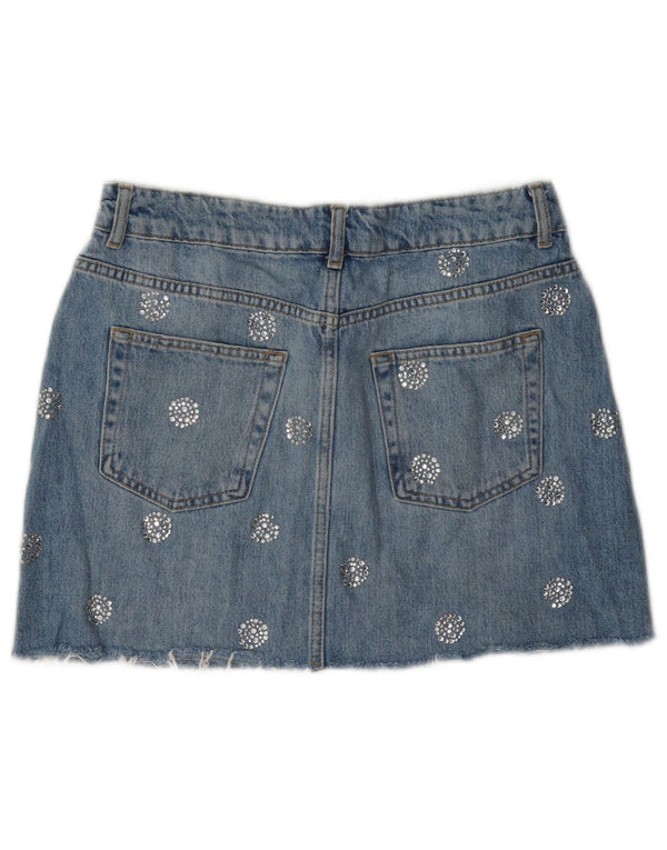 Topshop damska mini spódniczka dżinsowa UK 12 średnia W28 niebieska bawełniana w cętki