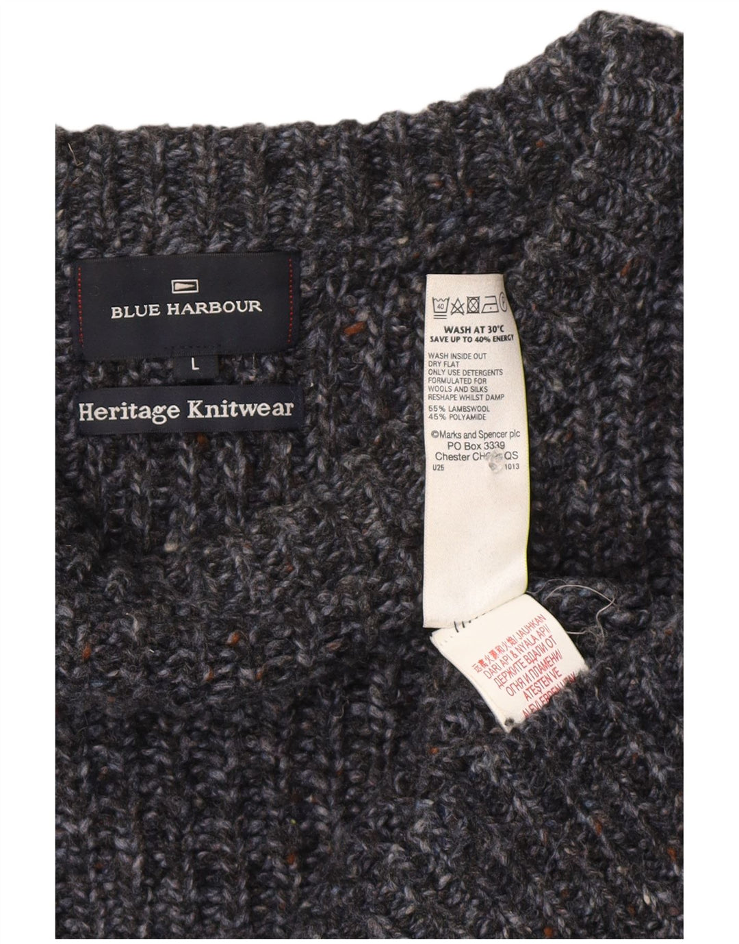 Marks & Spencer Męski niebieski sweter z dekoltem w łódkę, duży, granatowy