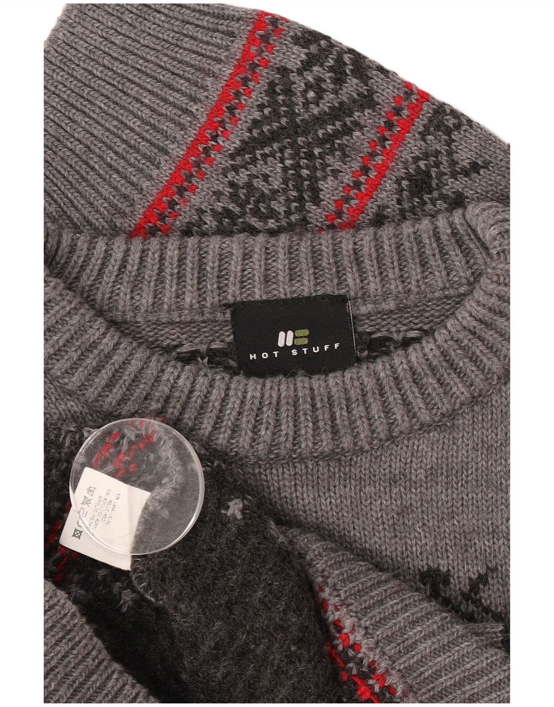 Męski sweter z okrągłym dekoltem Hot Stuff, duży, szary, wełniany Fair Isle