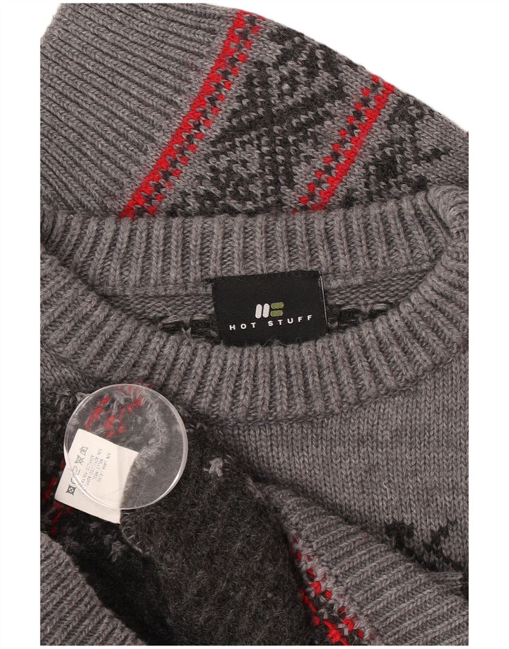 Męski sweter z okrągłym dekoltem Hot Stuff, duży, szary, wełniany Fair Isle