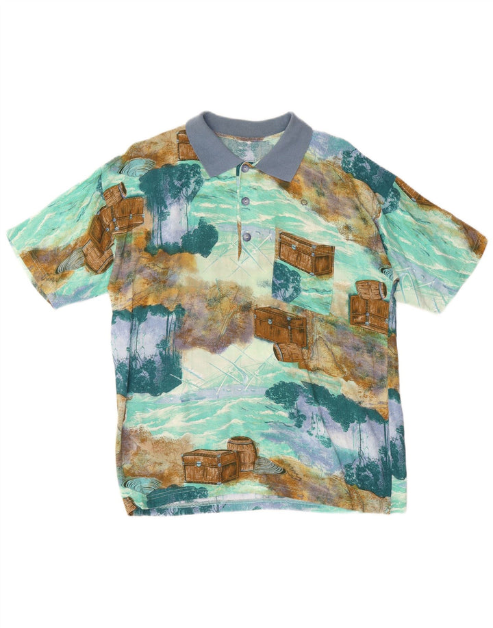 Męska koszulka polo w stylu vintage, abstrakcyjny wzór, średni niebieski