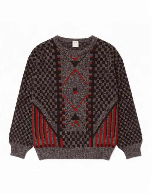 Vintage męski sweter z dekoltem w łódkę, duży, szary, geometryczny akryl