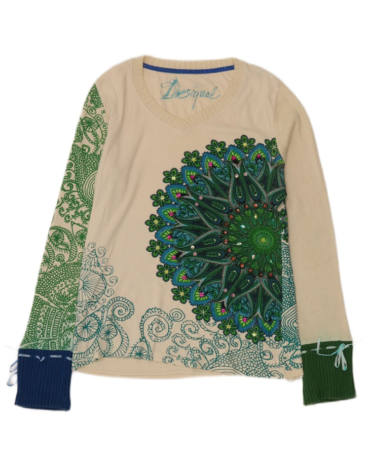 Damski graficzny top Desigual z długim rękawem UK 16, duży w kolorze złamanej bieli Paisley