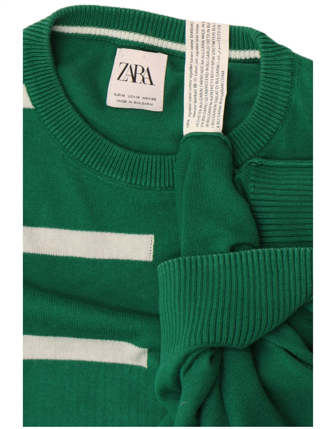 Męski sweter Zara z okrągłym dekoltem, bawełniany, w średnie zielone paski