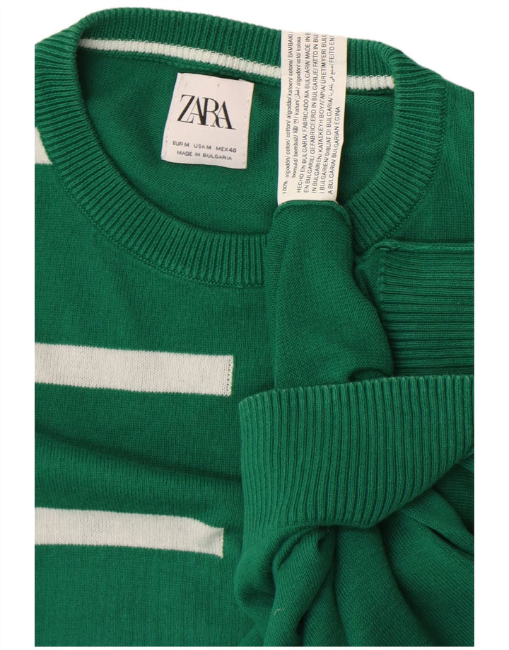 Męski sweter Zara z okrągłym dekoltem, bawełniany, w średnie zielone paski