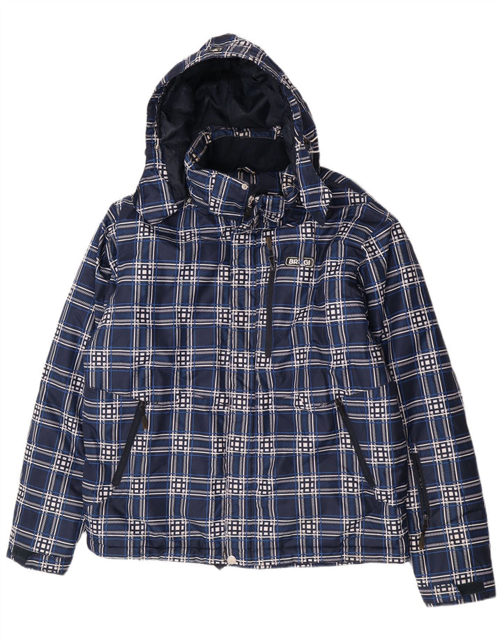 Męska ocieplana kurtka z kapturem Brugi UK 40, duża, granatowa, poliester w kratkę