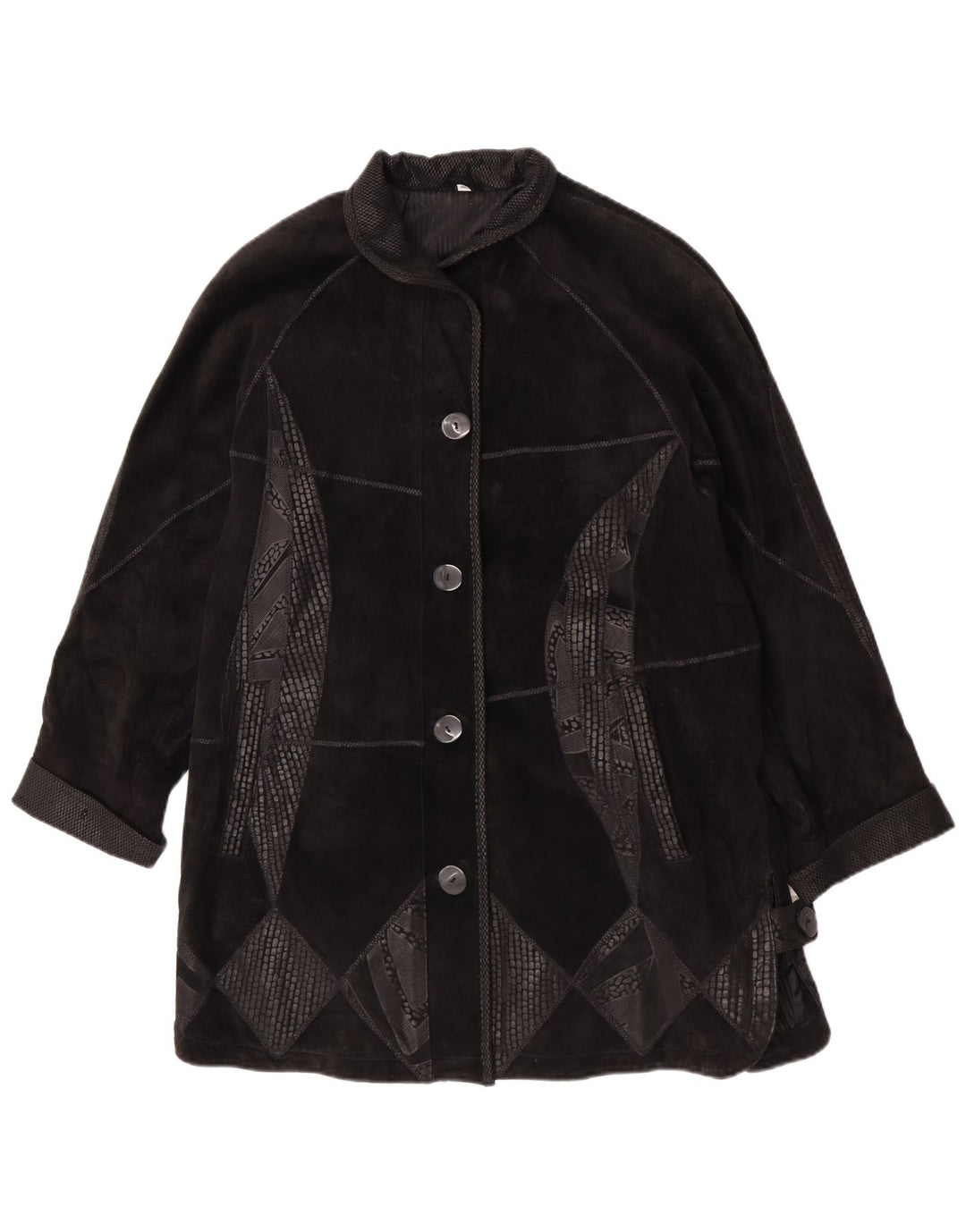 Vintage damski zamszowy płaszcz oversize EU 42, duża czarna geometryczna skóra