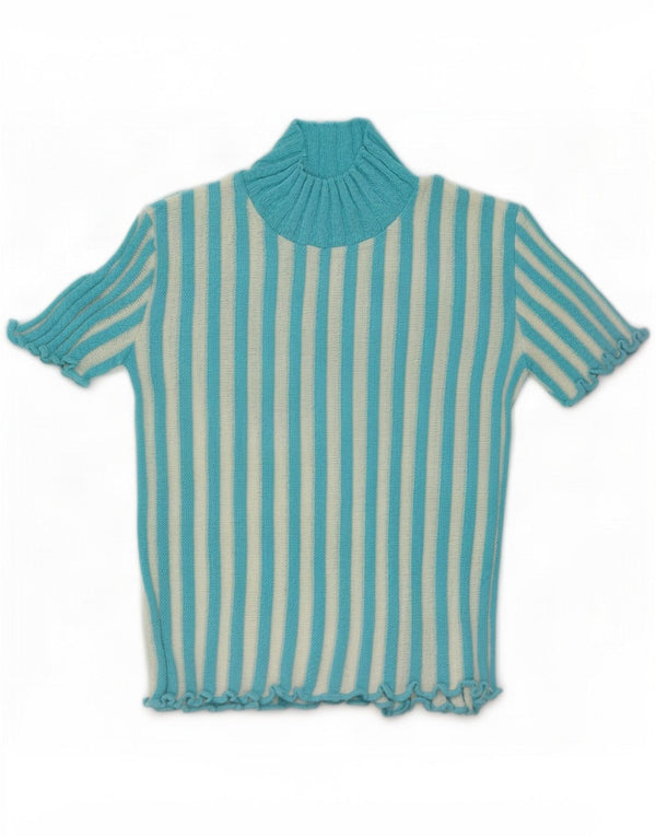 Vintage damski sweter z krótkim rękawem i golfem UK 6 XS w niebieskie paski