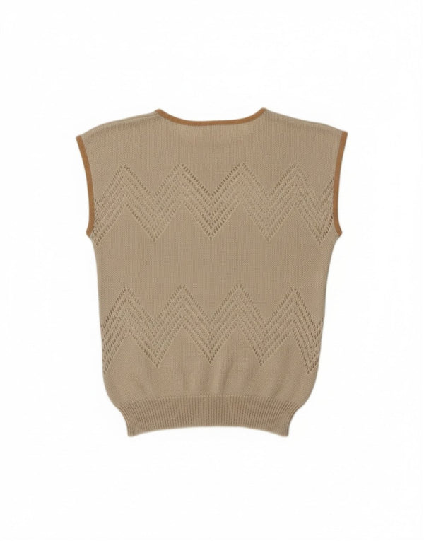 Vintage damski podkoszulek z kamizelką UK 12 średni beżowy kwiatowy akryl