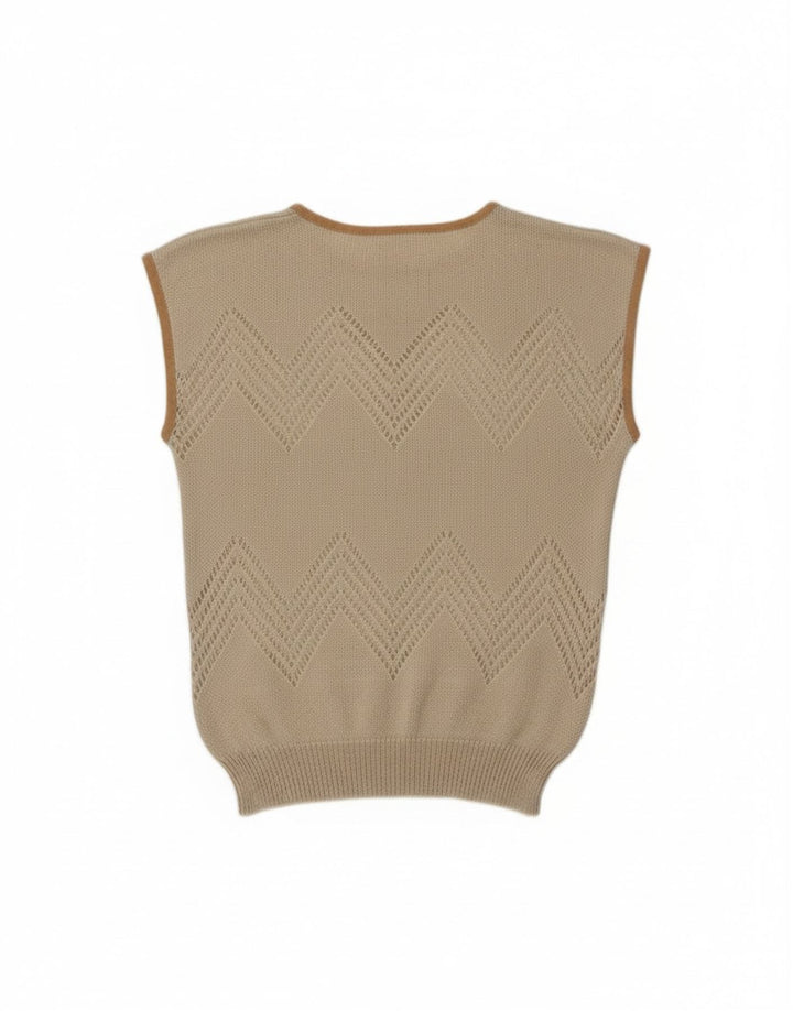 Vintage damski podkoszulek z kamizelką UK 12 średni beżowy kwiatowy akryl