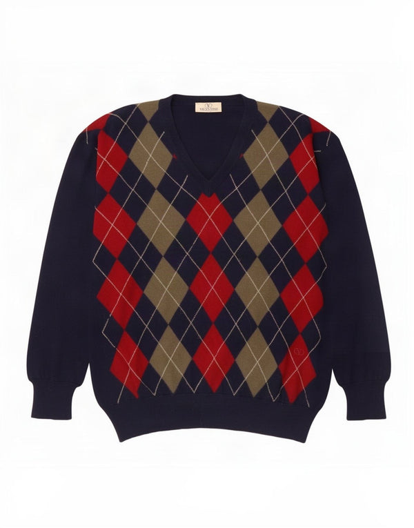 Męski sweter Valentino z dekoltem w kształcie litery V, duży, granatowy Argyle/diamentowa wełna