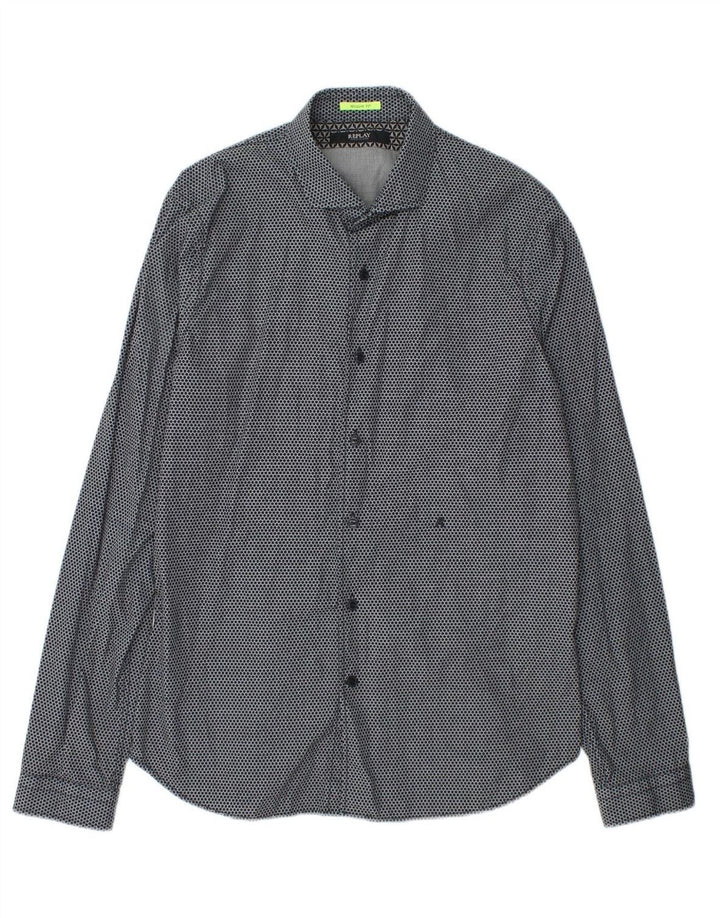 REPLAY Mens Regular Fit Shirt Large Navy Blue Spotted Cotton