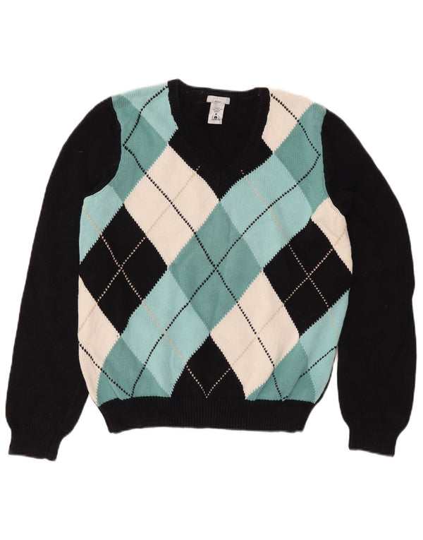 IZOD Damski sweter golfowy z dekoltem w kształcie litery V, UK 12, średni czarny Argyle/Diament