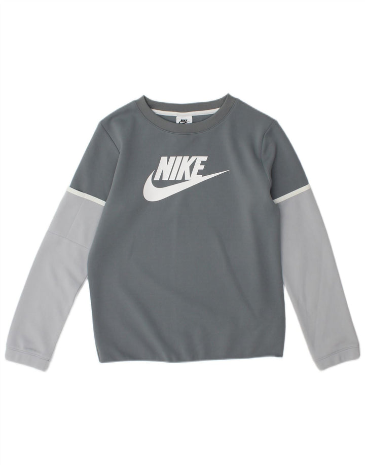 Chłopięca koszulka z grafiką Nike z długim rękawem, 10-11 lat, średnioszara, z blokami kolorów