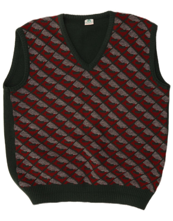 Vintage męski podkoszulek bez rękawów, duży, zielony Argyle/diamentowy poliakryl