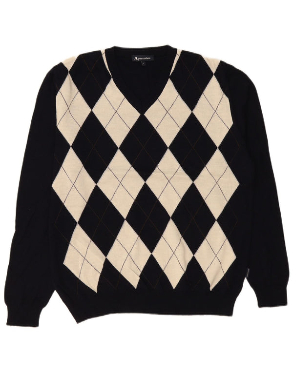 Aquascutum Męski sweter z dekoltem w kształcie litery V, duży granatowy Argyle/Diament