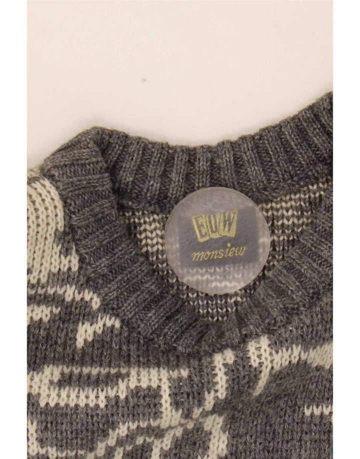 Vintage męski sweter z abstrakcyjnym wzorem i okrągłym dekoltem, mały szary