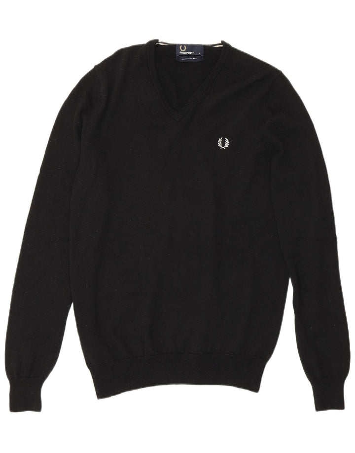 Męski sweter Fred Perry z dekoltem w kształcie litery V, średnia czarna wełna merynosowa
