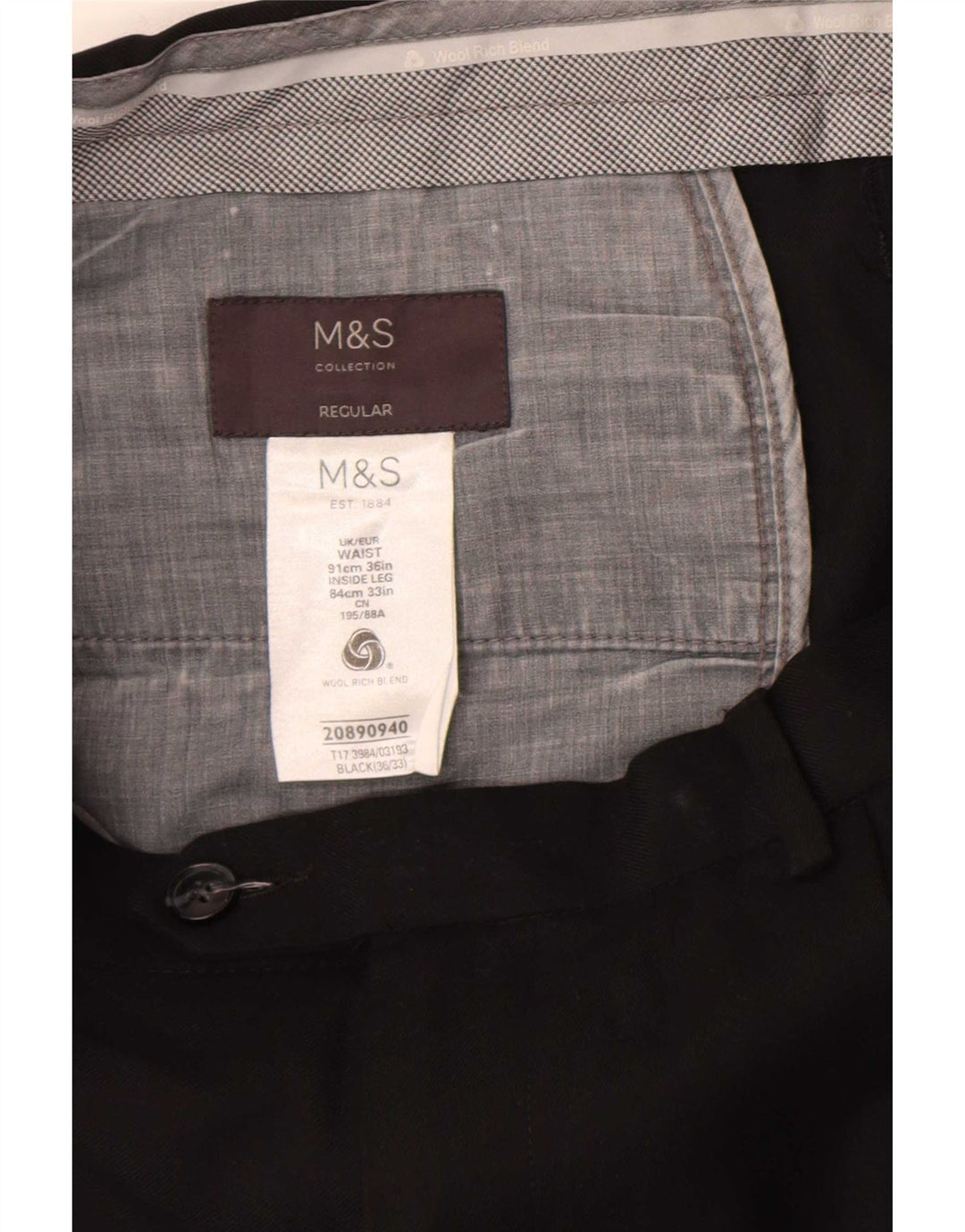 Męskie spodnie garniturowe Marks & Spencer o regularnym kroju W36 L33 Czarna wełna