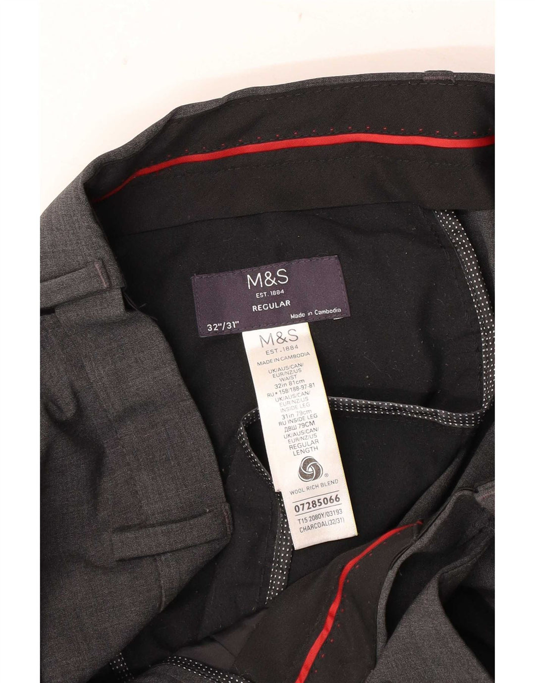 Męskie proste spodnie garniturowe Marks & Spencer W32 L31 Szara wełna
