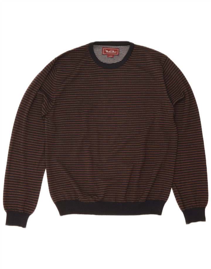 Marlboro Classics Męski sweter z okrągłym dekoltem, duży, brązowy, wełniany prążki