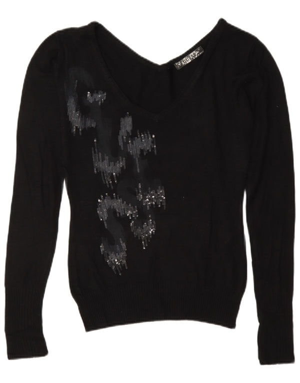 Damski sweter Guess z graficznym dekoltem w kształcie litery V, UK 10, mała czarna wiskoza