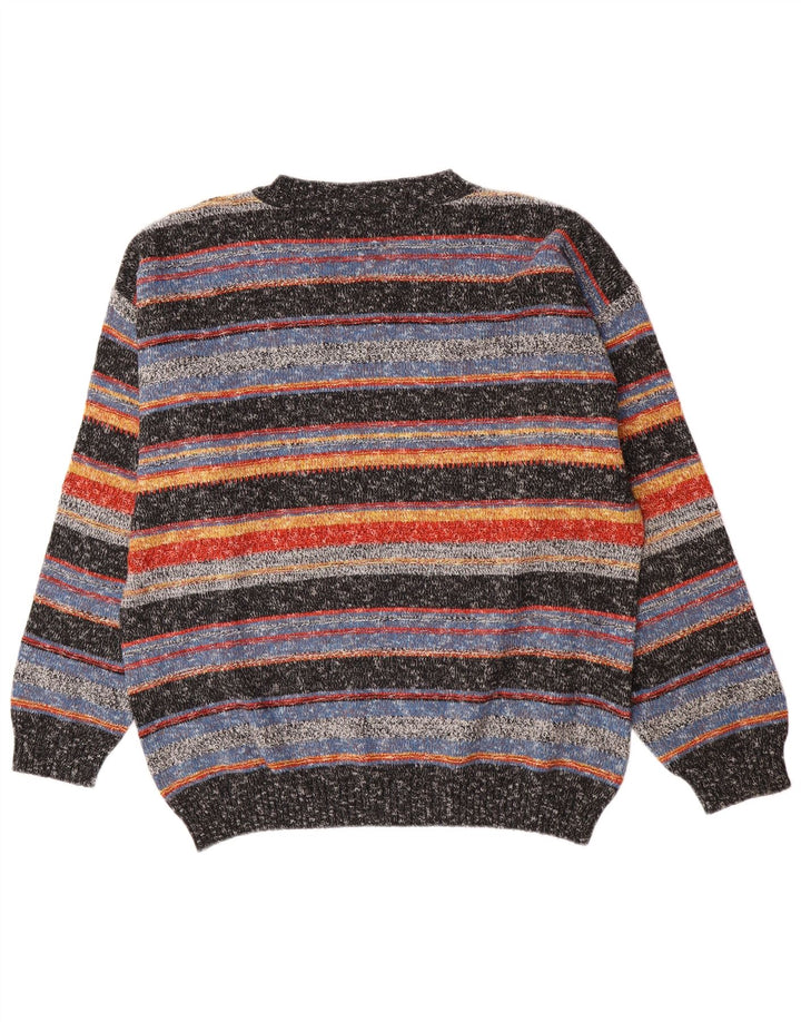 Vintage męski sweter z dekoltem w kształcie litery V, duży, wielokolorowy akryl w paski