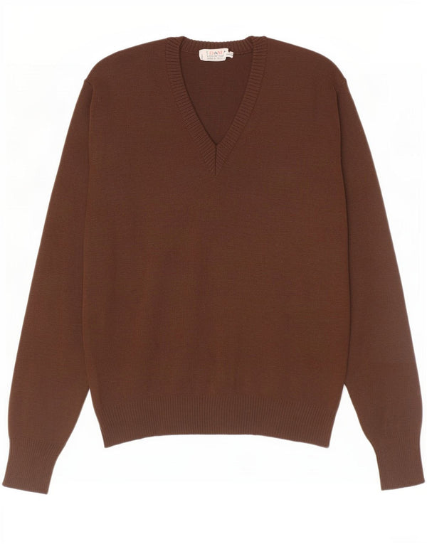 Sweter damski w stylu vintage z dekoltem w kształcie litery V, UK 14, średnia brązowa wełna
