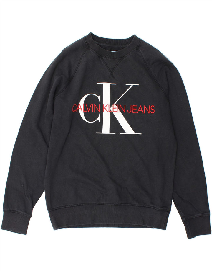 CALVIN KLEIN JEANS Mens Graphic Sweatshirt Jumper Medium Black Cotton Vintage Calvin Klein Jeans and Second-Hand Calvin Klein Jeans from Messina Hembry 